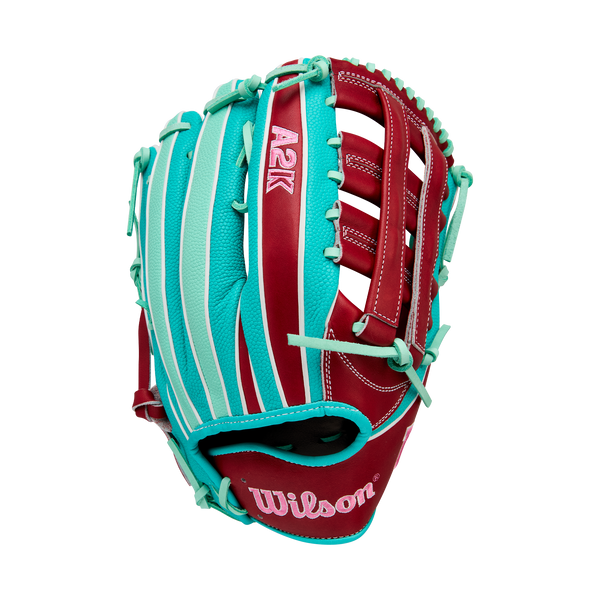 2026 Wilson A2K 12.5" MY7SS Teal/Seafoam/Red Fielding Glove - WBW103474125 / WBW103475125