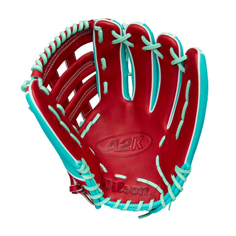 2026 Wilson A2K 12.5" MY7SS Teal/Seafoam/Red Fielding Glove - WBW103474125 / WBW103475125